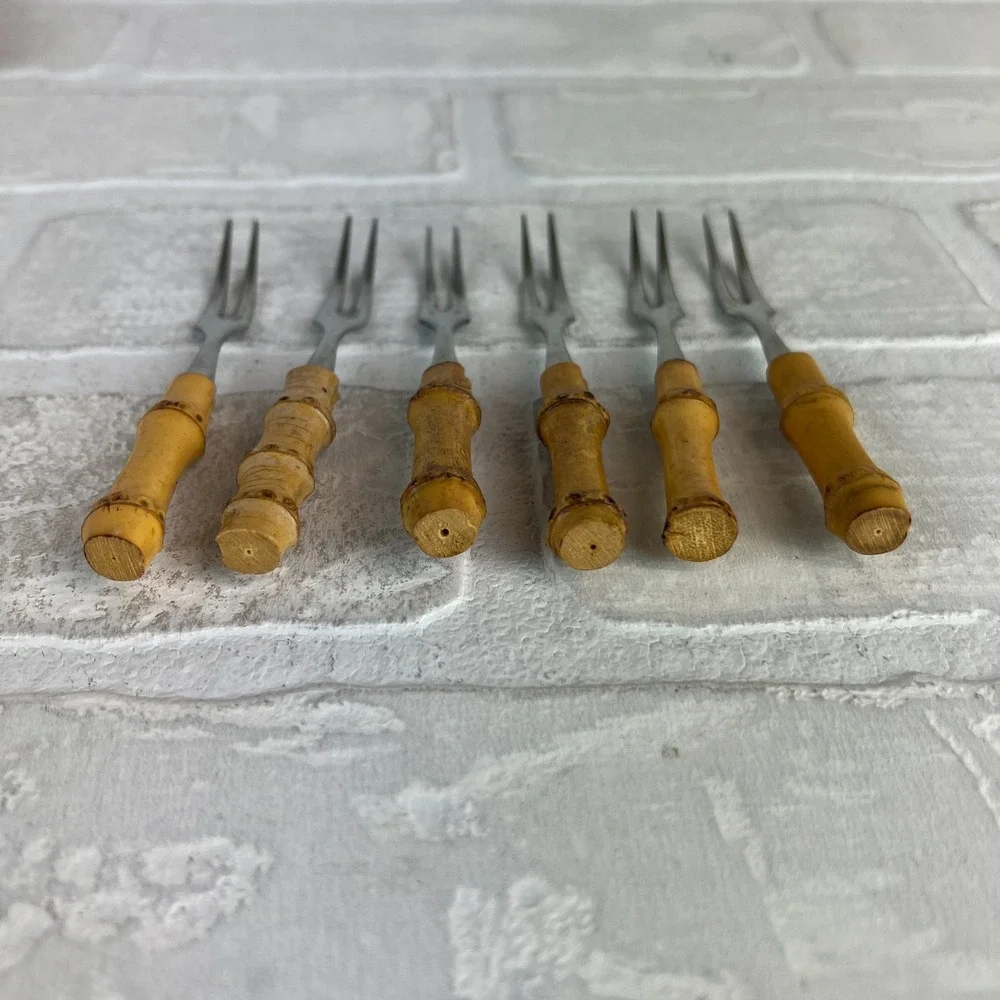 Viking Bamboo Little Forks 6 Cocktail Hand Made Set Original Box Japan Vintage